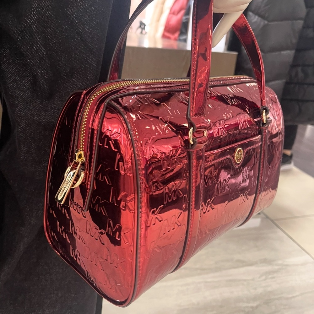 MICHAEL KORS Jet Set Medium Metallic Logo Debossed Satchel
Cherry 
NWT - Picture 14 of 15